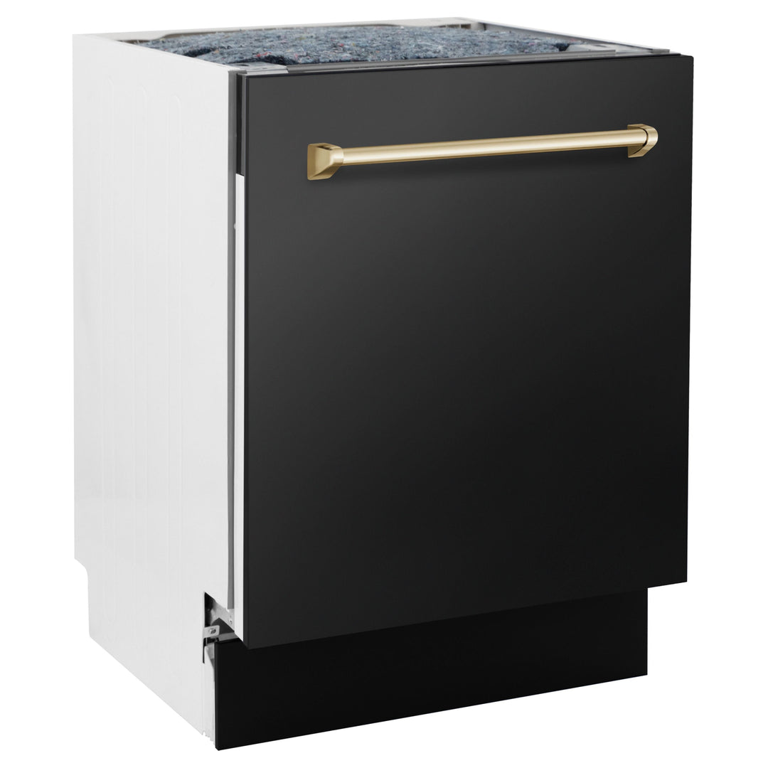 ZLINE Autograph Package - 36" Gas Range, Range Hood, Refrigerator with Water and Ice Dispenser, and Dishwasher in Black Stainless with Gold Accents