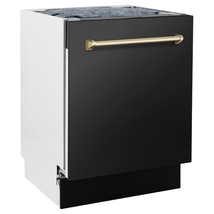 ZLINE Autograph Package - 36" Gas Range, Range Hood, Refrigerator with Water and Ice Dispenser, and Dishwasher in Black Stainless with Gold Accents