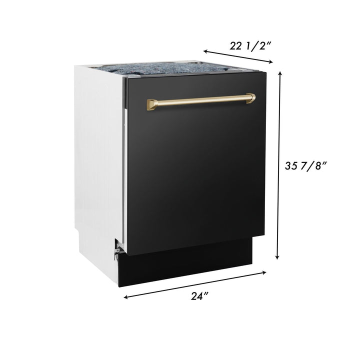 ZLINE Autograph Package - 36" Dual Fuel Range, Range Hood, Refrigerator with Water & Ice Dispenser, Dishwasher in Black Stainless, Gold Accents