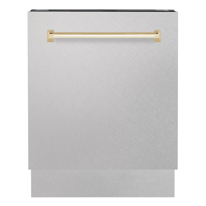 ZLINE Autograph Series 24 inch Tall Dishwasher in DuraSnow® Stainless Steel with Gold Handle, DWVZ-SN-24-G