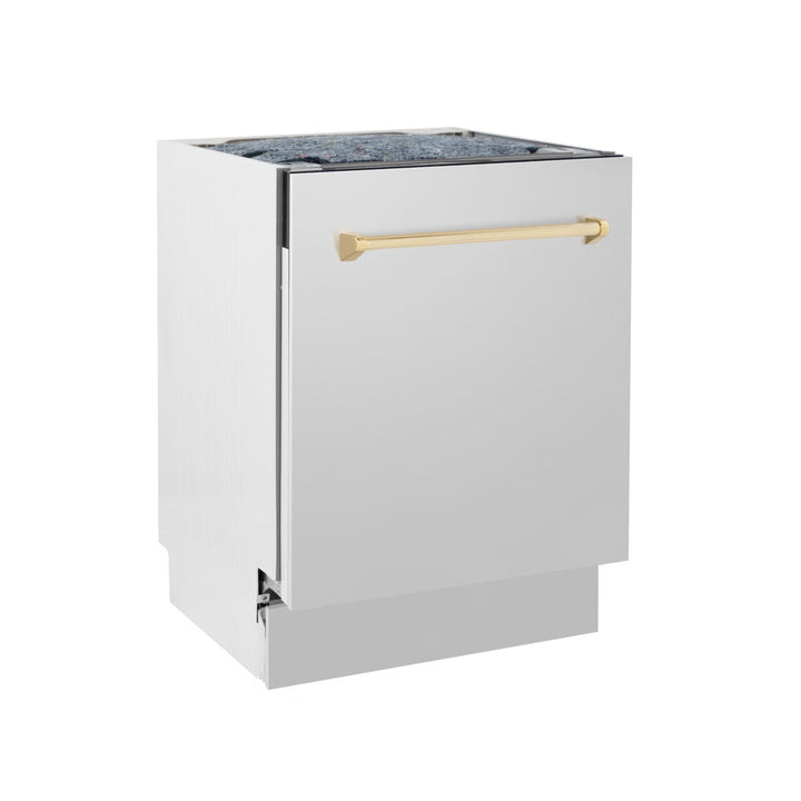 ZLINE Autograph Gold Package - 48" Rangetop, 48" Range Hood, Dishwasher, Refrigerator with External Water and Ice Dispenser, Microwave Oven