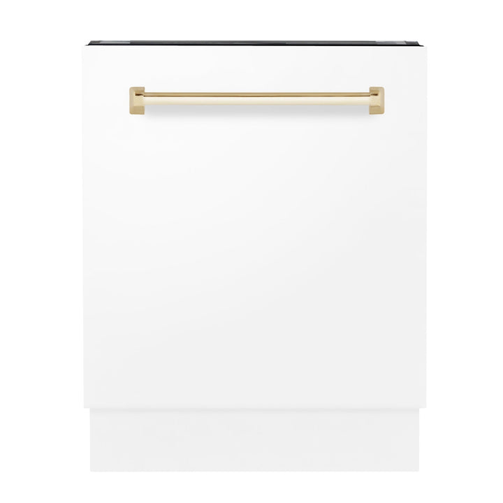 ZLINE Autograph Series 24 inch Tall Dishwasher in White Matte with Gold Handle, DWVZ-WM-24-G