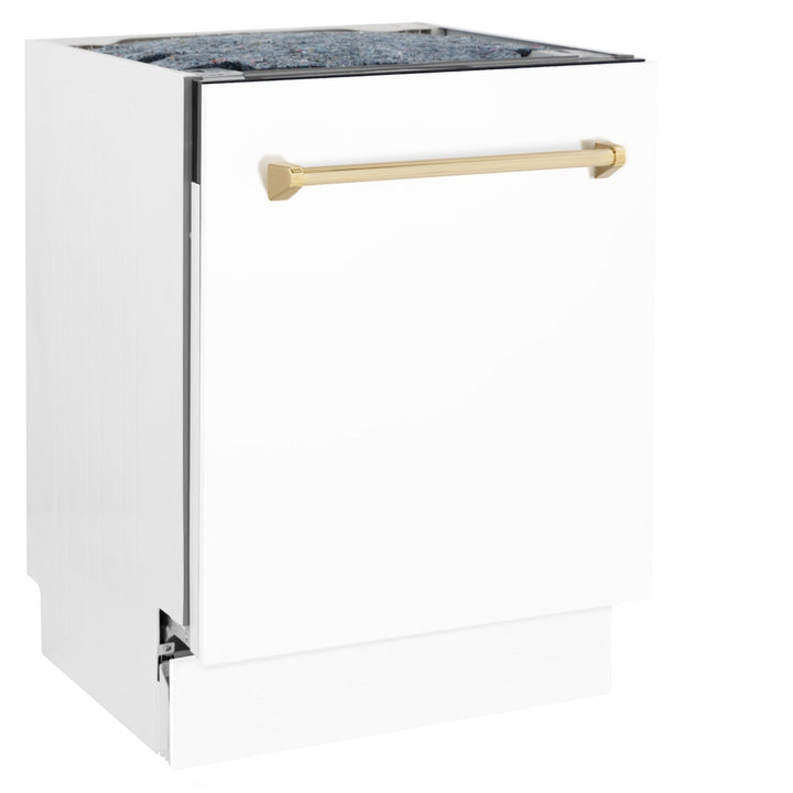 ZLINE Autograph Series 24 inch Tall Dishwasher in White Matte with Gold Handle, DWVZ-WM-24-G