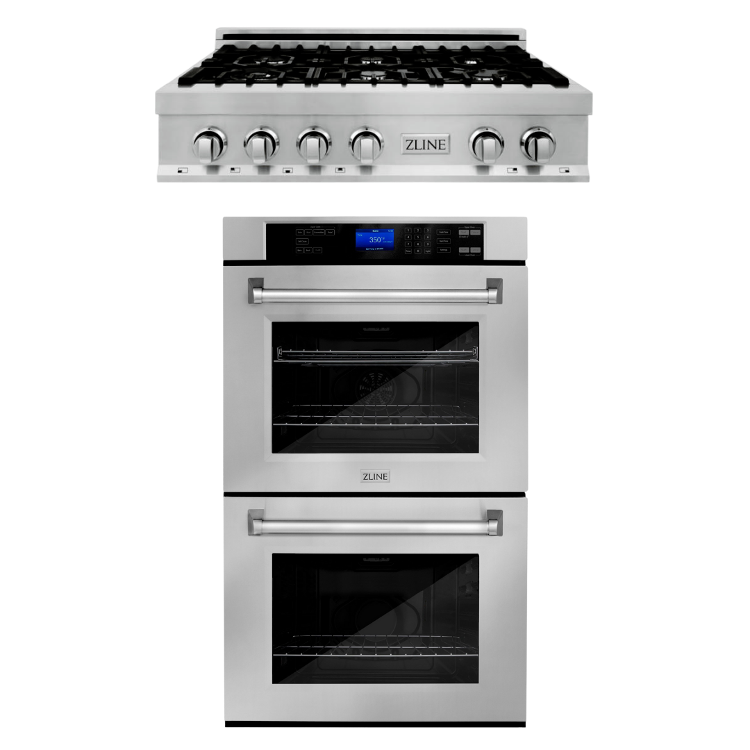 ZLINE Kitchen Appliance Package with 36 in. Stainless Steel Rangetop and 30 in. Double Wall Oven, 2KP-RTAWD36