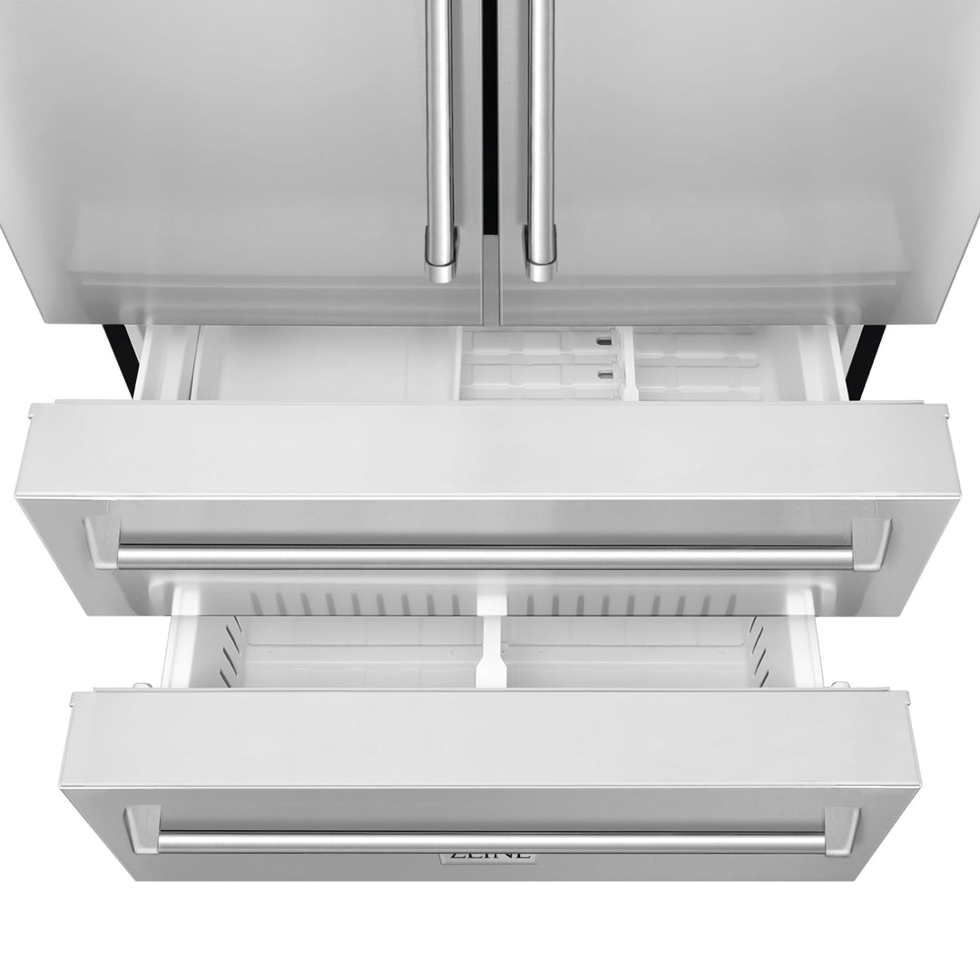 ZLINE 4-Piece Appliance Package - 36 In. Rangetop, Range Hood, Refrigerator, and Double Wall Oven in Stainless Steel, 4KPR-RTRH36-AWD