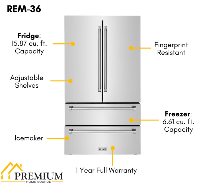 ZLINE 4-Piece Appliance Package - 36 In. Rangetop, Range Hood, Refrigerator, and Double Wall Oven in Stainless Steel, 4KPR-RTRH36-AWD