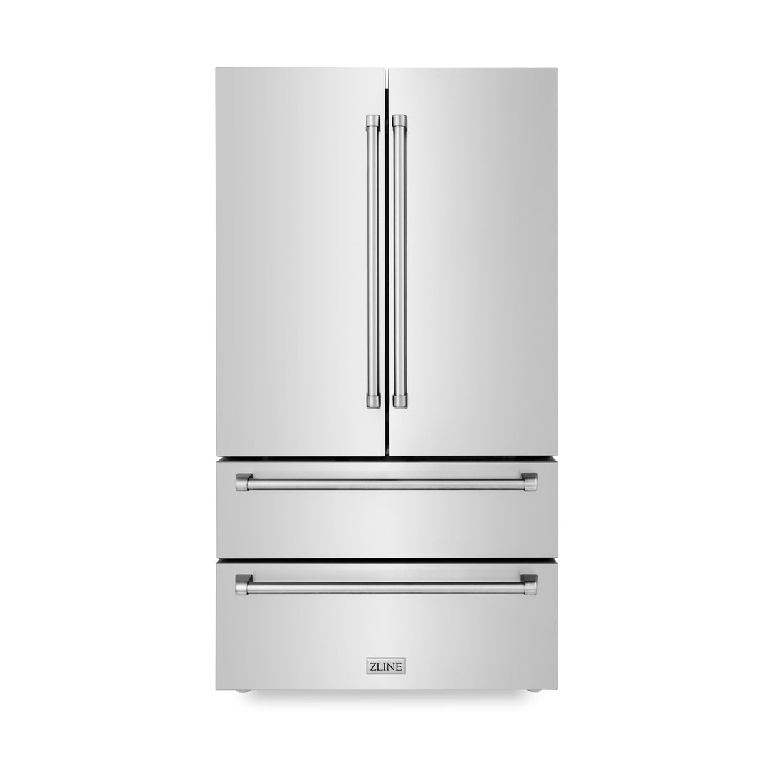 ZLINE 4-Piece Appliance Package - 48 In. Rangetop, Range Hood, Refrigerator, and Double Wall Oven in Stainless Steel, 4KPR-RTRH48-AWD