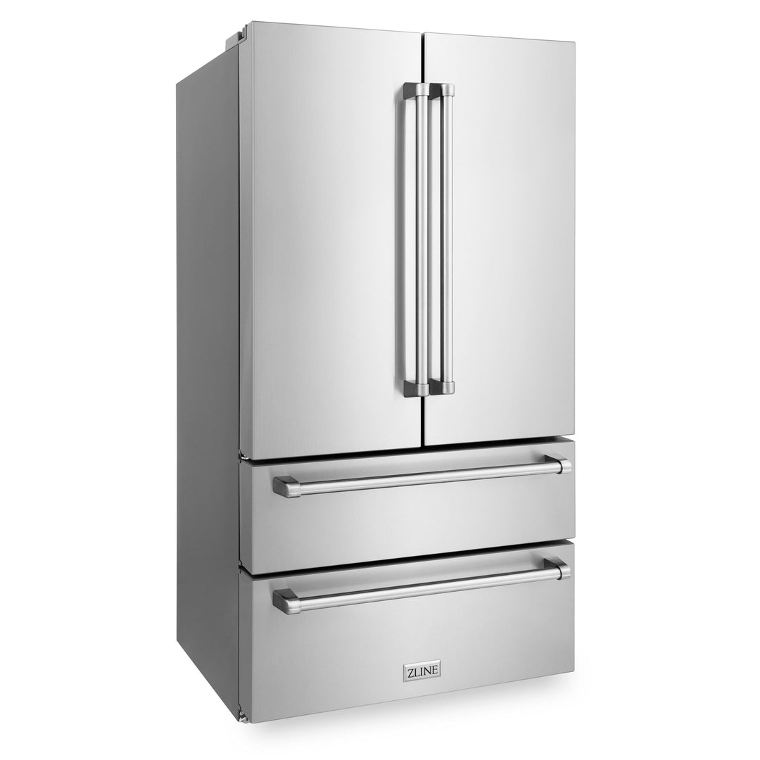 ZLINE 4-Piece Appliance Package - 36 In. Rangetop, Range Hood, Refrigerator, and Double Wall Oven in Stainless Steel, 4KPR-RTRH36-AWD