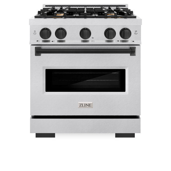 ZLINE Autograph 30" 4.2 cu. ft. Classic Gas Range with 4 Burners in DuraSnow® Stainless Steel and Matte Black Accents, CGRSZ-30-MB