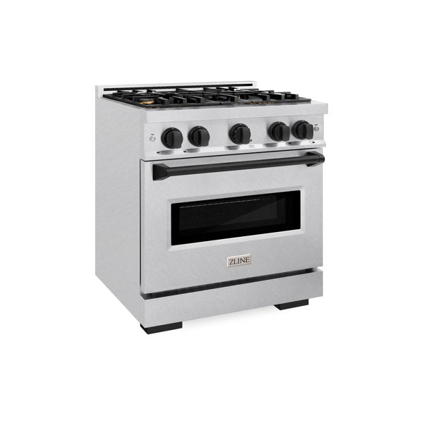 ZLINE Autograph 30" 4.2 cu. ft. Classic Gas Range with 4 Burners in DuraSnow® Stainless Steel and Matte Black Accents, CGRSZ-30-MB
