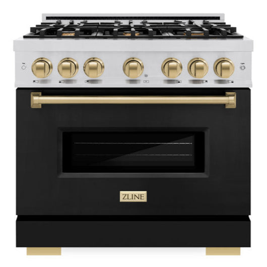 ZLINE Autograph 36" 5.2 cu. ft. Classic Dual Fuel Range with 6 Burners in Stainless Steel with Black Matte Door and Champagne Bronze Accents, CDRZ-BLM-36-CB