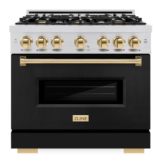 ZLINE Autograph 36" 5.2 cu. ft. Classic Dual Fuel Range with 6 Burners in Stainless Steel with Black Matte Door and Polished Gold Accents, CDRZ-BLM-36-G