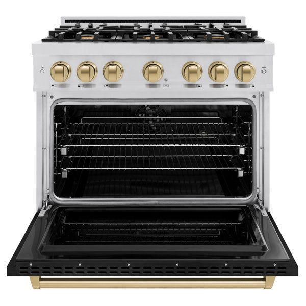 ZLINE Autograph 36" 5.2 cu. ft. Classic Dual Fuel Range with 6 Burners in Stainless Steel with Black Matte Door and Champagne Bronze Accents, CDRZ-BLM-36-CB