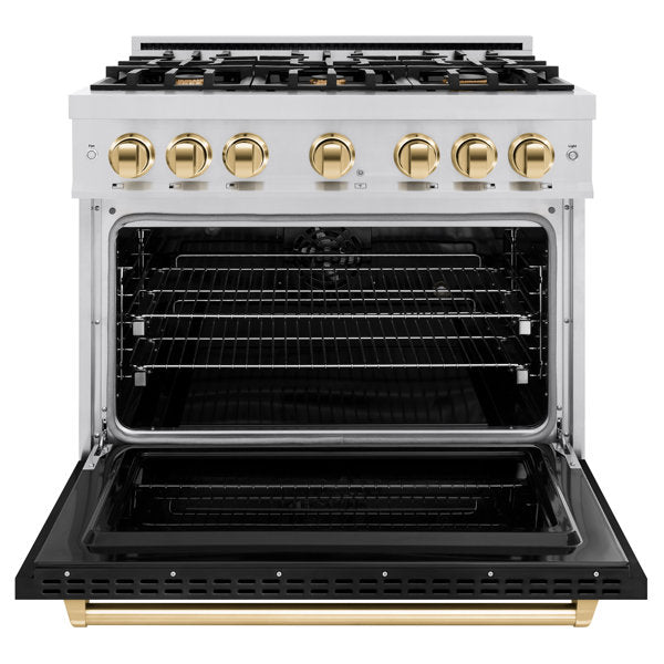 ZLINE Autograph 36" 5.2 cu. ft. Classic Dual Fuel Range with 6 Burners in Stainless Steel with Black Matte Door and Polished Gold Accents, CDRZ-BLM-36-G