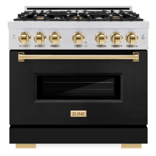 ZLINE Autograph 36" 5.2 cu. ft. Classic Gas Range with 6 Burners in Stainless Steel with Black Matte Door and Polished Gold Accents, CGRZ-BLM-36-G