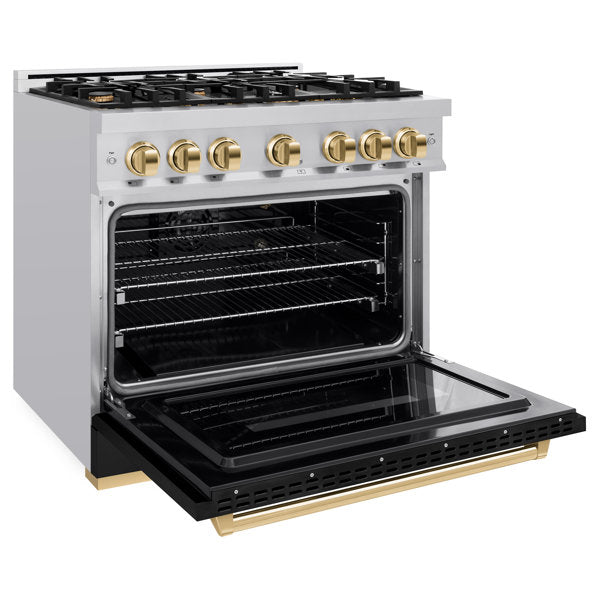 ZLINE Autograph 36" 5.2 cu. ft. Classic Gas Range with 6 Burners in Stainless Steel with Black Matte Door and Polished Gold Accents, CGRZ-BLM-36-G