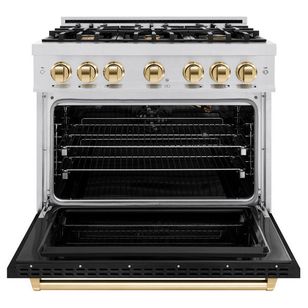 ZLINE Autograph 36" 5.2 cu. ft. Classic Gas Range with 6 Burners in Stainless Steel with Black Matte Door and Polished Gold Accents, CGRZ-BLM-36-G