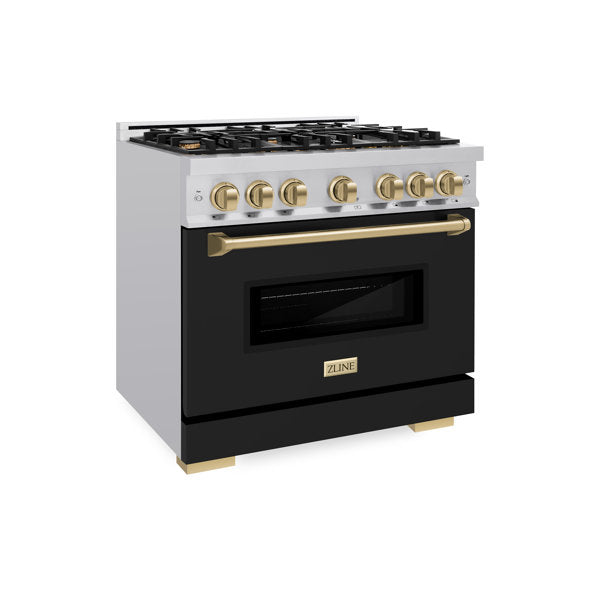ZLINE Autograph 36" 5.2 cu. ft. Classic Gas Range with 6 Burners in Stainless Steel with Black Matte Door and Champagne Bronze Accents, CGRZ-BLM-36-CB