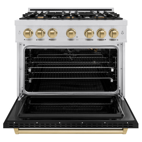 ZLINE Autograph 36" 5.2 cu. ft. Classic Gas Range with 6 Burners in Stainless Steel with Black Matte Door and Champagne Bronze Accents, CGRZ-BLM-36-CB