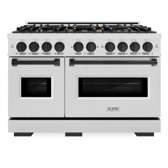 ZLINE Autograph 48" 6.7 cu. ft. Classic Double Oven Gas Range with 8 Burners in DuraSnow® Stainless Steel and Matte Black Accents, CGRSZ-48-MB