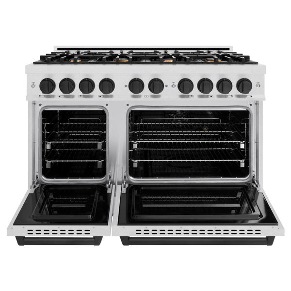 ZLINE Autograph 48" 6.7 cu. ft. Classic Double Oven Gas Range with 8 Burners in DuraSnow® Stainless Steel and Matte Black Accents, CGRSZ-48-MB