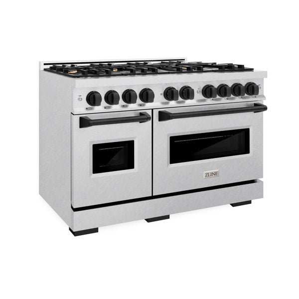 ZLINE Autograph 48" 6.7 cu. ft. Classic Double Oven Gas Range with 8 Burners in DuraSnow® Stainless Steel and Matte Black Accents, CGRSZ-48-MB