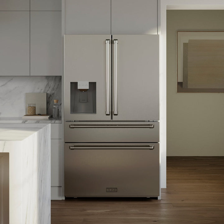 ZLINE 36 in. 21.6 cu. ft. Counter‑Depth French Door Refrigerator with Water and Ice Dispenser – Fingerprint‑Resistant Stainless Steel (RFM‑W‑36)