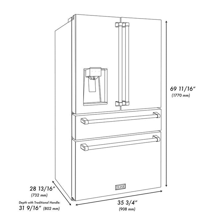 ZLINE 36 in. 21.6 cu. ft. Counter‑Depth French Door Refrigerator with Water and Ice Dispenser – Fingerprint‑Resistant Stainless Steel (RFM‑W‑36)