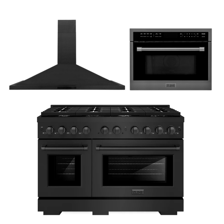 ZLINE Kitchen Appliance Package - 48 In. Gas Range with Brass Burners, Range Hood and Microwave Oven in Black Stainless Steel, 3KP-SGRBRHMWO-48