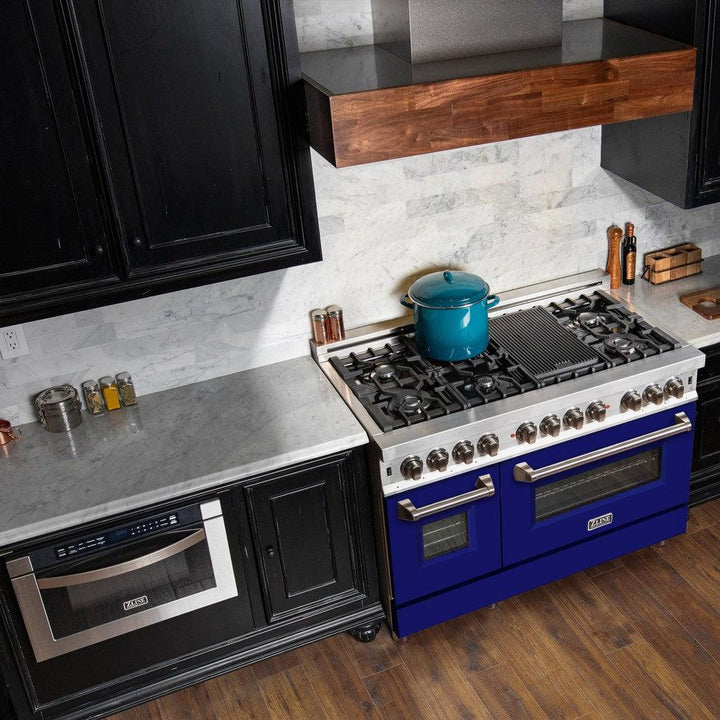 ZLINE 48 in. 6.0 cu. ft. Legacy Dual Fuel Range with 7 Burner Gas Cooktop and 2 Electric Ovens in Stainless Steel and Blue Matte Doors (RA-BM-48)