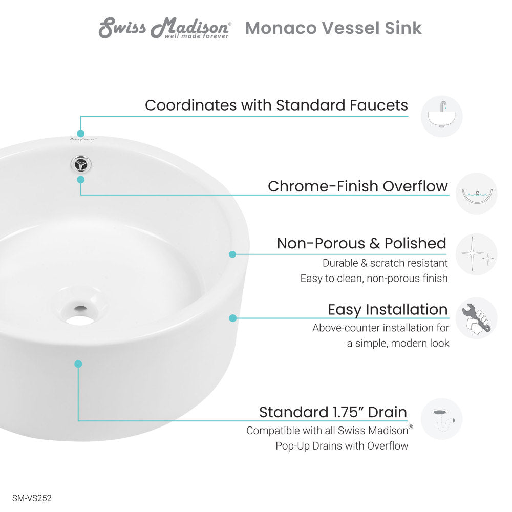 Monaco Round Ceramic Bathroom Vessel Sink in White