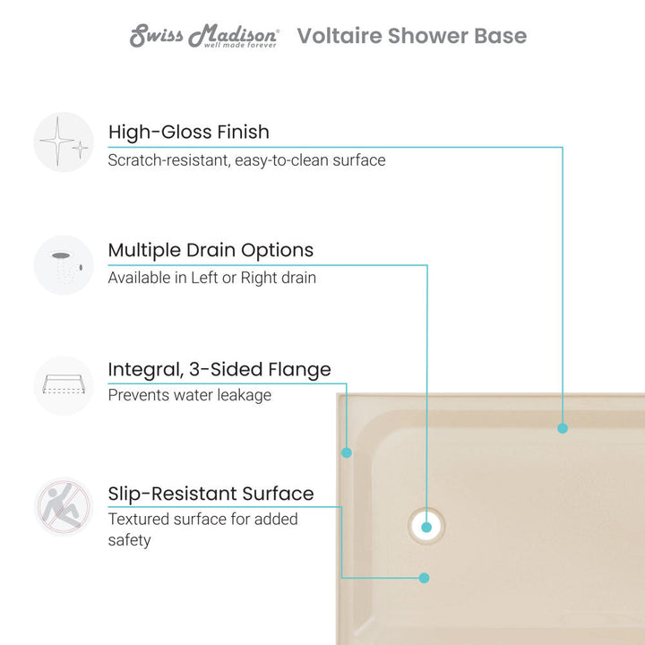 Voltaire 60" x 36" Single-Threshold, Left-Hand Drain, Shower Base in Biscuit