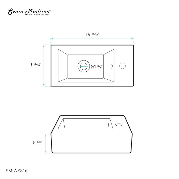 Voltaire 19.5 x 10 Rectangular Ceramic Wall Hung Sink with Right Side Faucet Mount