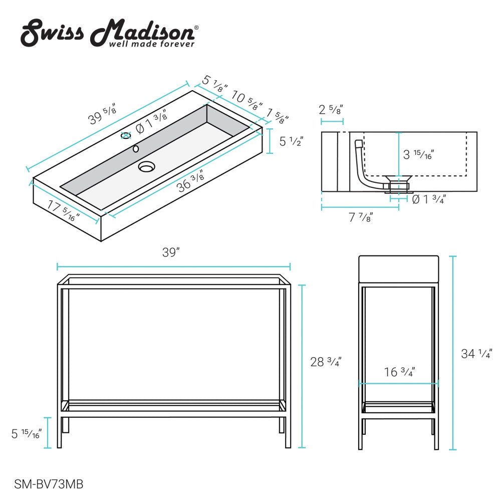 Pierre 40 Single, Freestanding, Open Shelf, Matte Black Metal Frame Bathroom Vanity