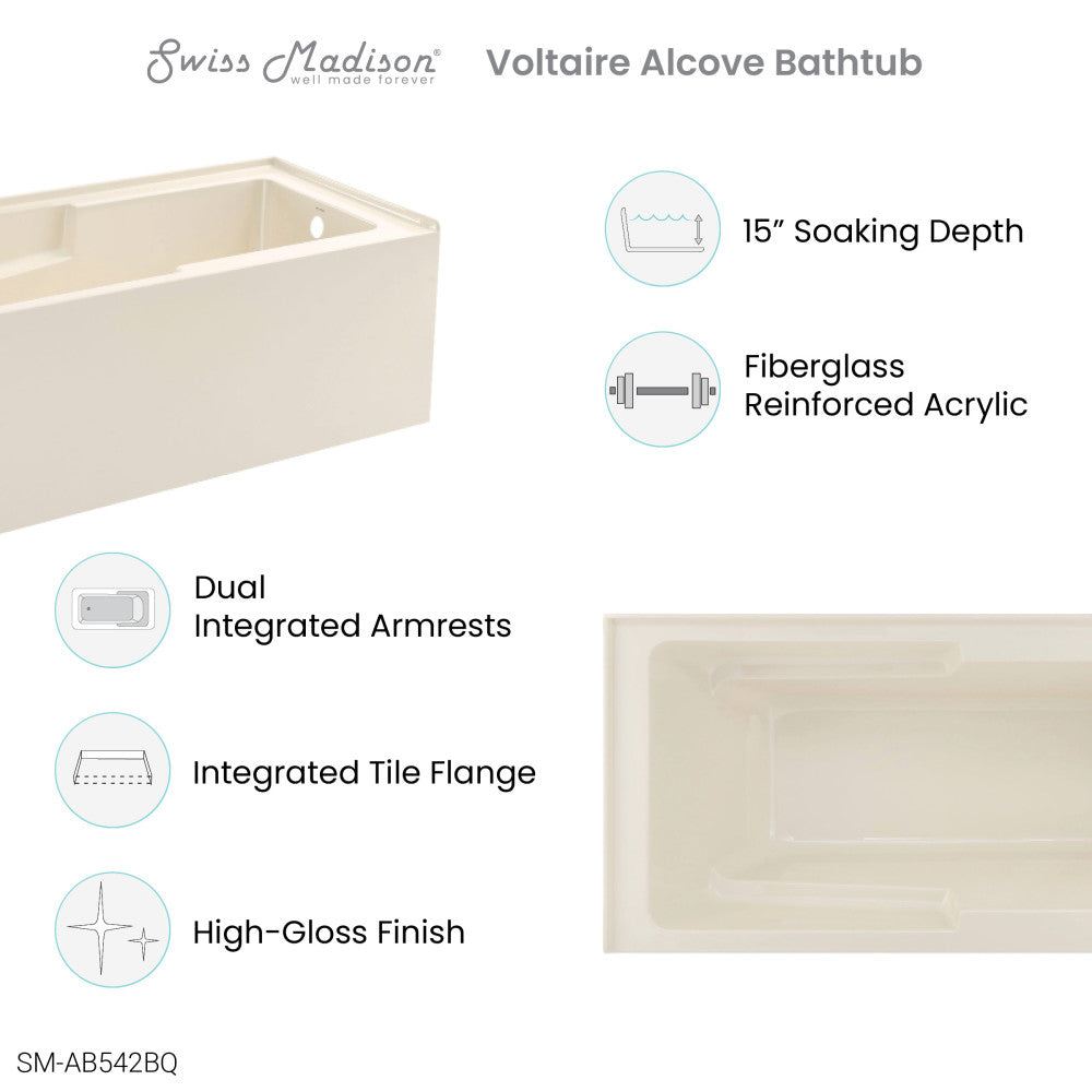 Voltaire 60" x 32" Right-Hand Drain Alcove Bathtub with Apron in Bisque