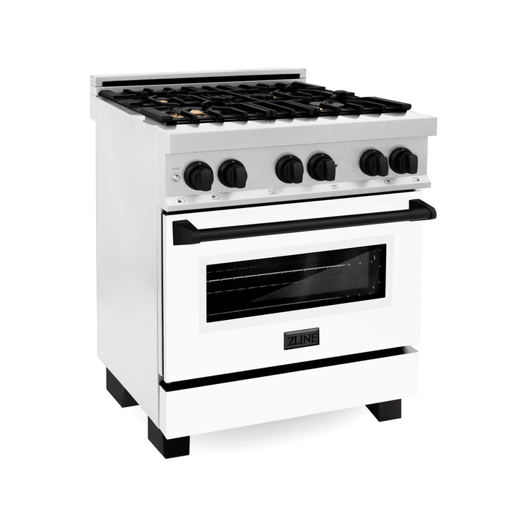 ZLINE Autograph Edition 30 in. 4.0 cu. ft. Range, Gas Stove/Electric Oven in DuraSnow® with White Matte Door, Matte Black Accents, RASZ-WM-30-MB