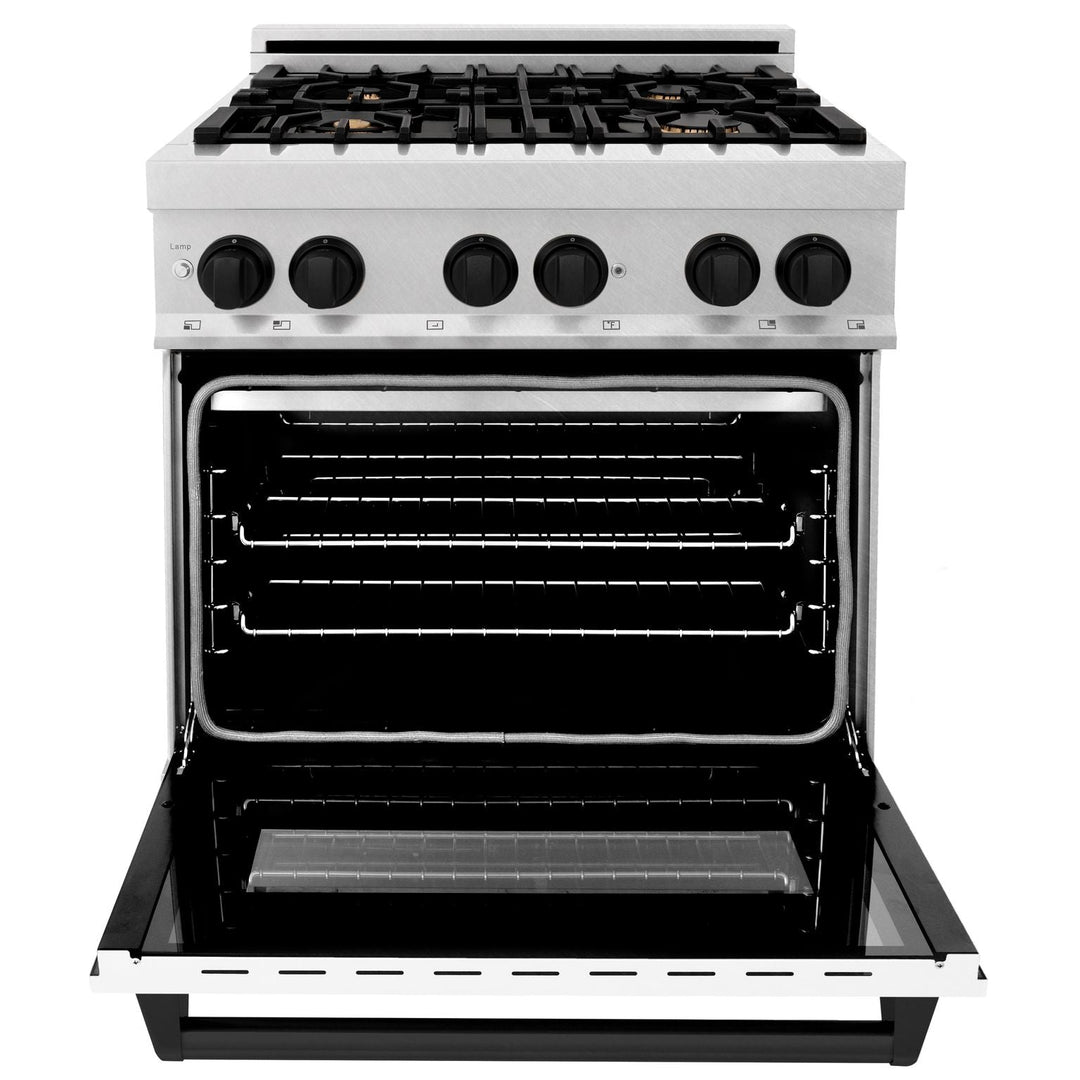 ZLINE Autograph Edition 30 in. 4.0 cu. ft. Range, Gas Stove/Electric Oven in DuraSnow® with White Matte Door, Matte Black Accents, RASZ-WM-30-MB