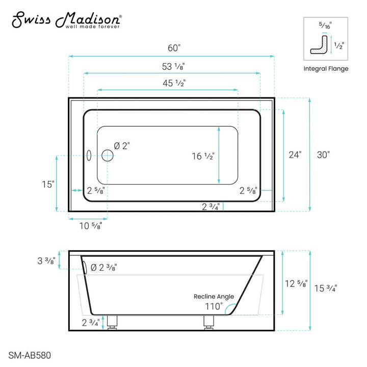 Virage 60" x 30" Left-Hand Drain Alcove Bathtub with Apron