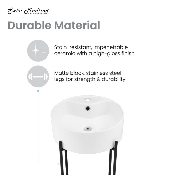 Monaco 15.75" Round Console Sink with Faucet Mount, White Basin Matte Black Legs