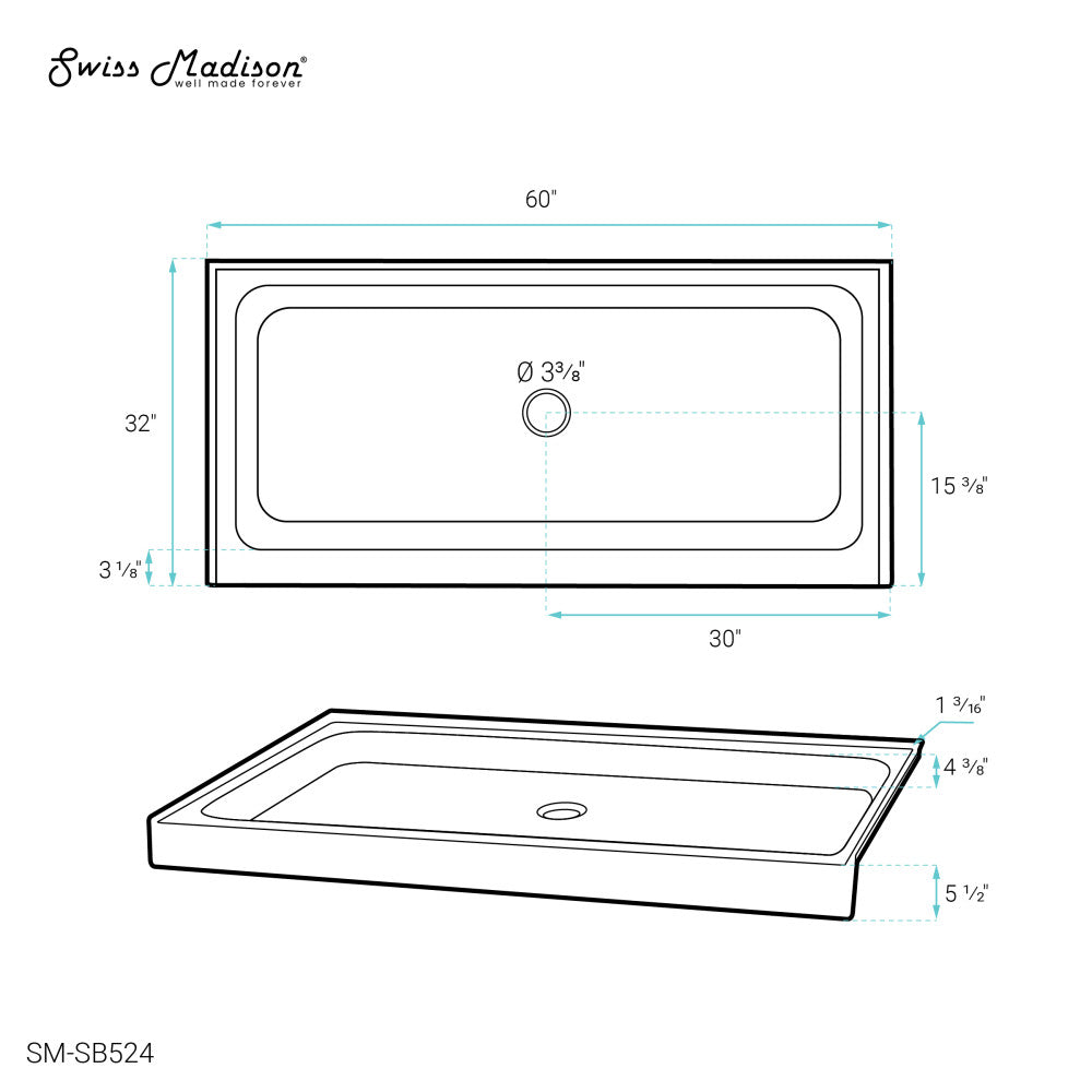 Voltaire 60" x 32" Acrylic White, Single-Threshold, Center Drain, Shower Base