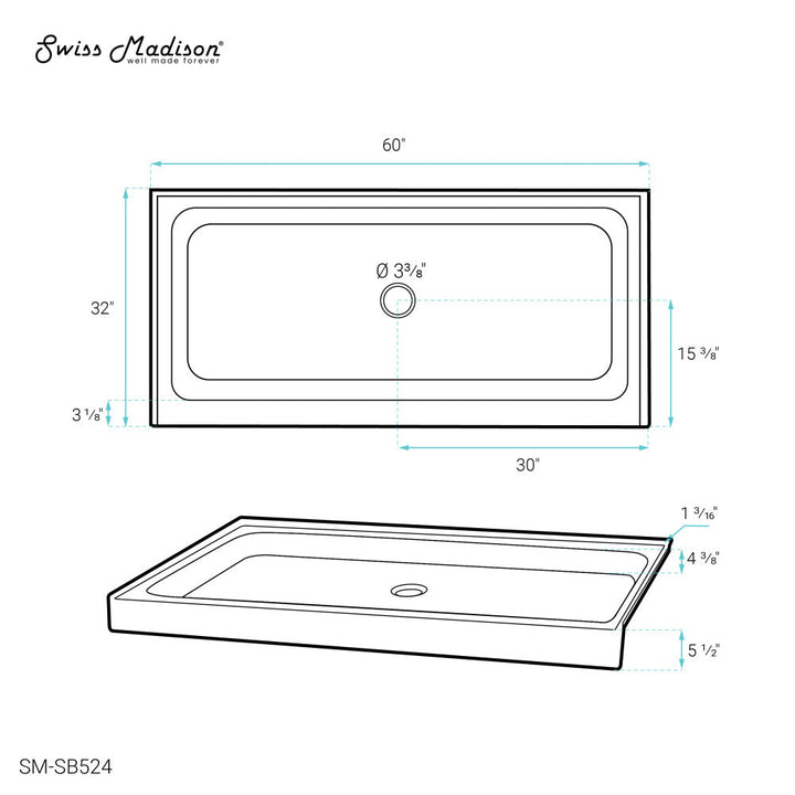 Voltaire 60" x 32" Acrylic White, Single-Threshold, Center Drain, Shower Base