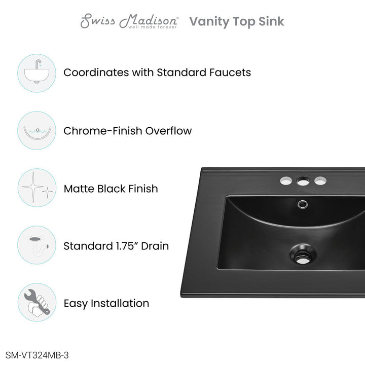 24" Ceramic Vanity Top with Three Faucet Holes in Matte Black