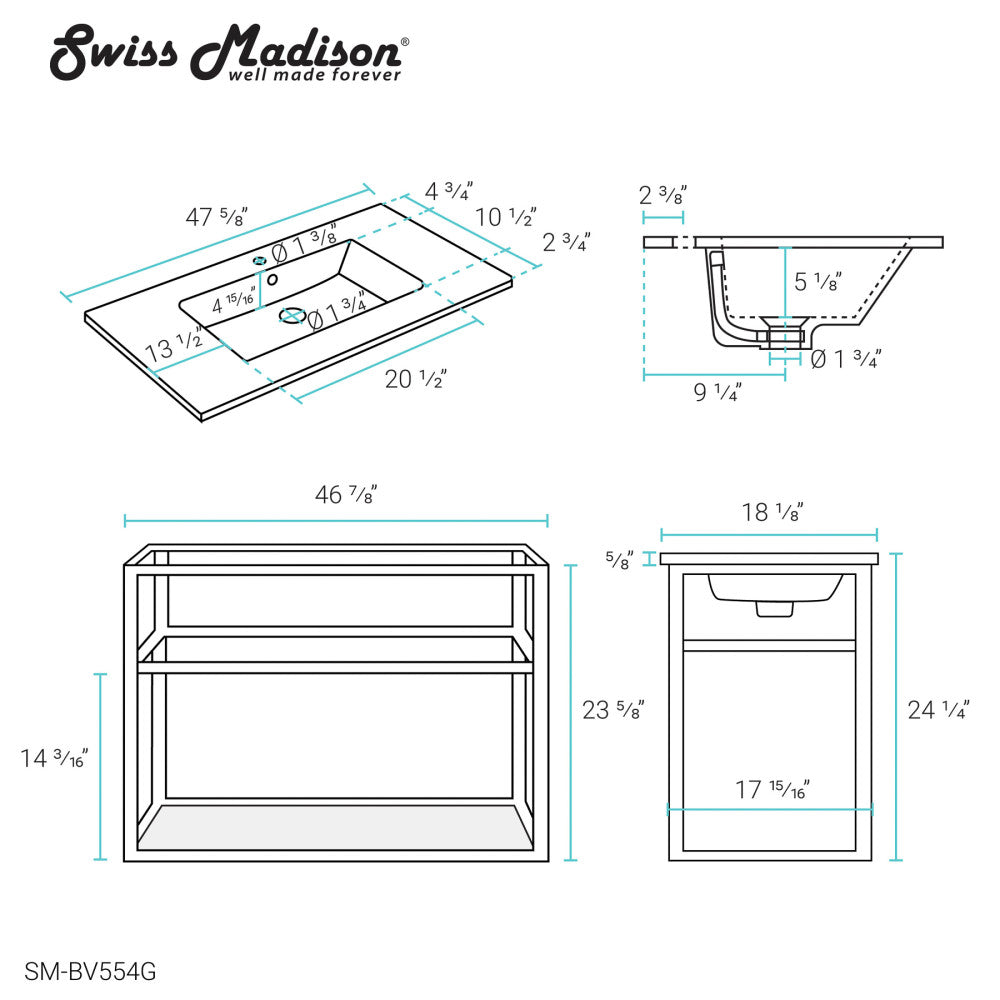 Pierre 48 Single, Open Shelf, Gold Metal Frame Bathroom Vanity