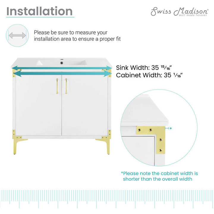 Voltaire 36" Single, Bathroom Vanity in White with Gold Hardware