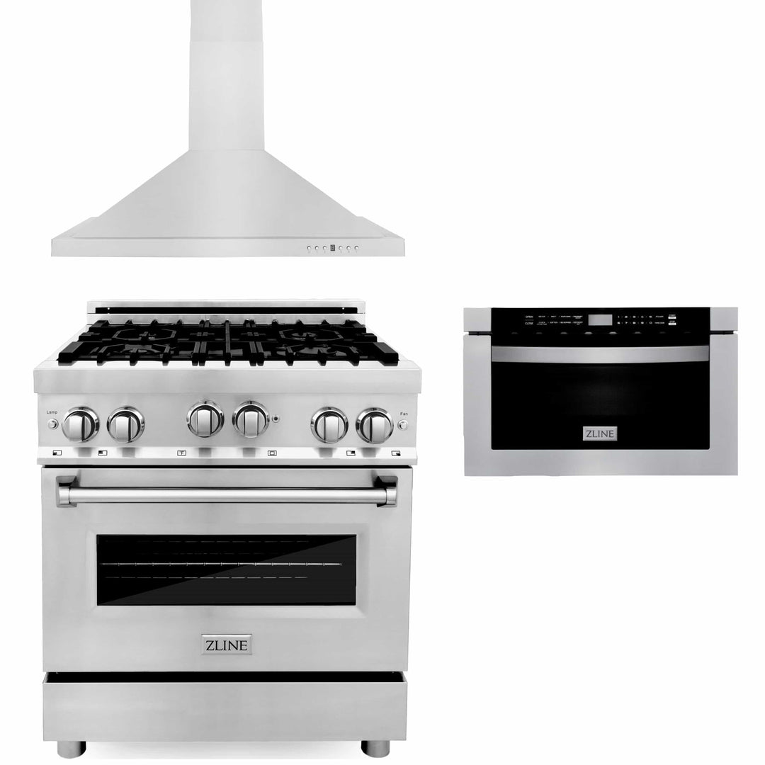 ZLINE 30" Kitchen Package Gas Range Convertible Vent Range Hood &amp;  Microwave Drawer