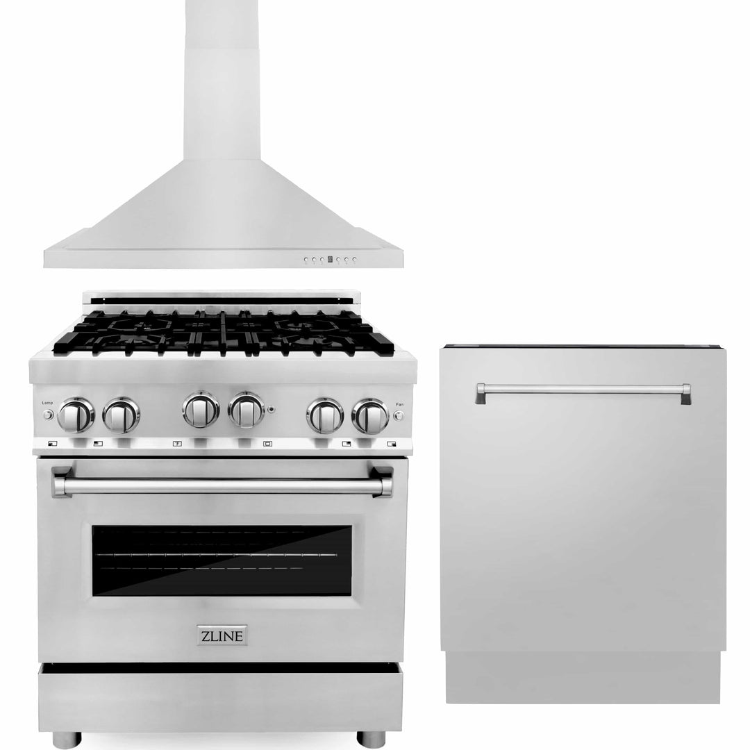 ZLINE 30" Kitchen Package Gas Range Convertible Vent Range Hood &amp; Tall Tub Dishwasher