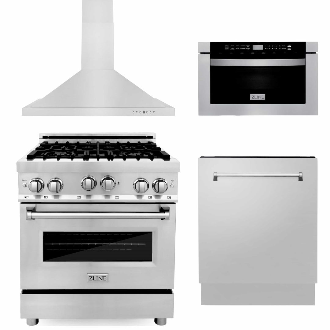 ZLINE 30" Kitchen Package Gas Range Range Hood Microwave Drawer &amp; Dishwasher
