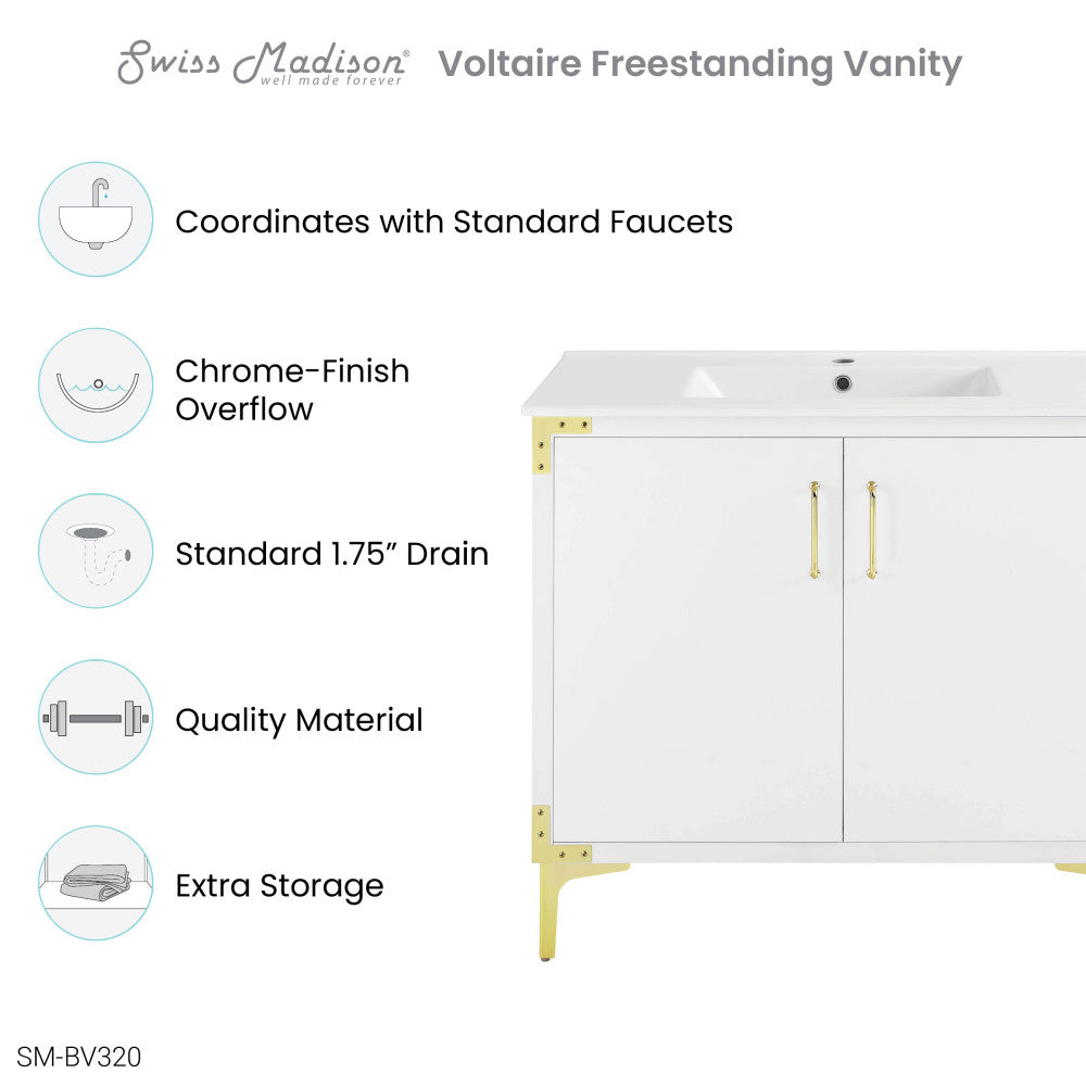 Voltaire 36" Single, Bathroom Vanity in White with Gold Hardware