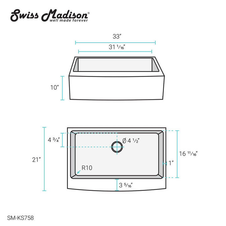 Rivage 33 x 21 Stainless Steel, Single Basin, Farmhouse Kitchen Sink with Apron