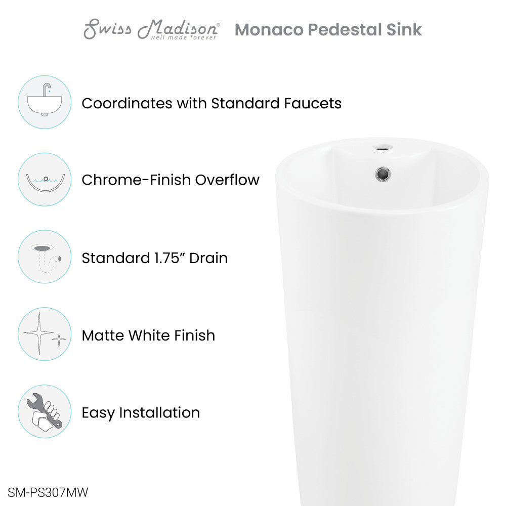 Monaco Circular Basin Pedestal Sink in Matte White